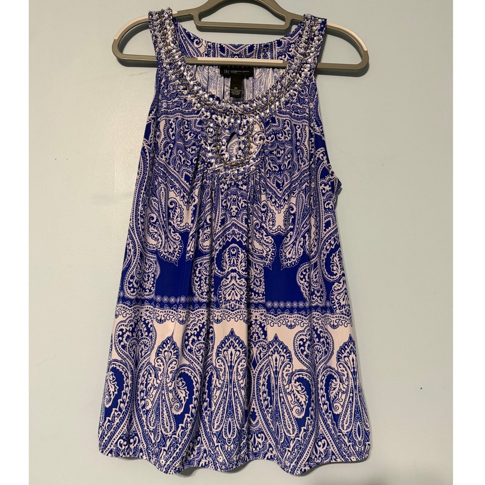 INC International Concepts 2X Blue Paisley Embellished Keyhole Tank Top 2222